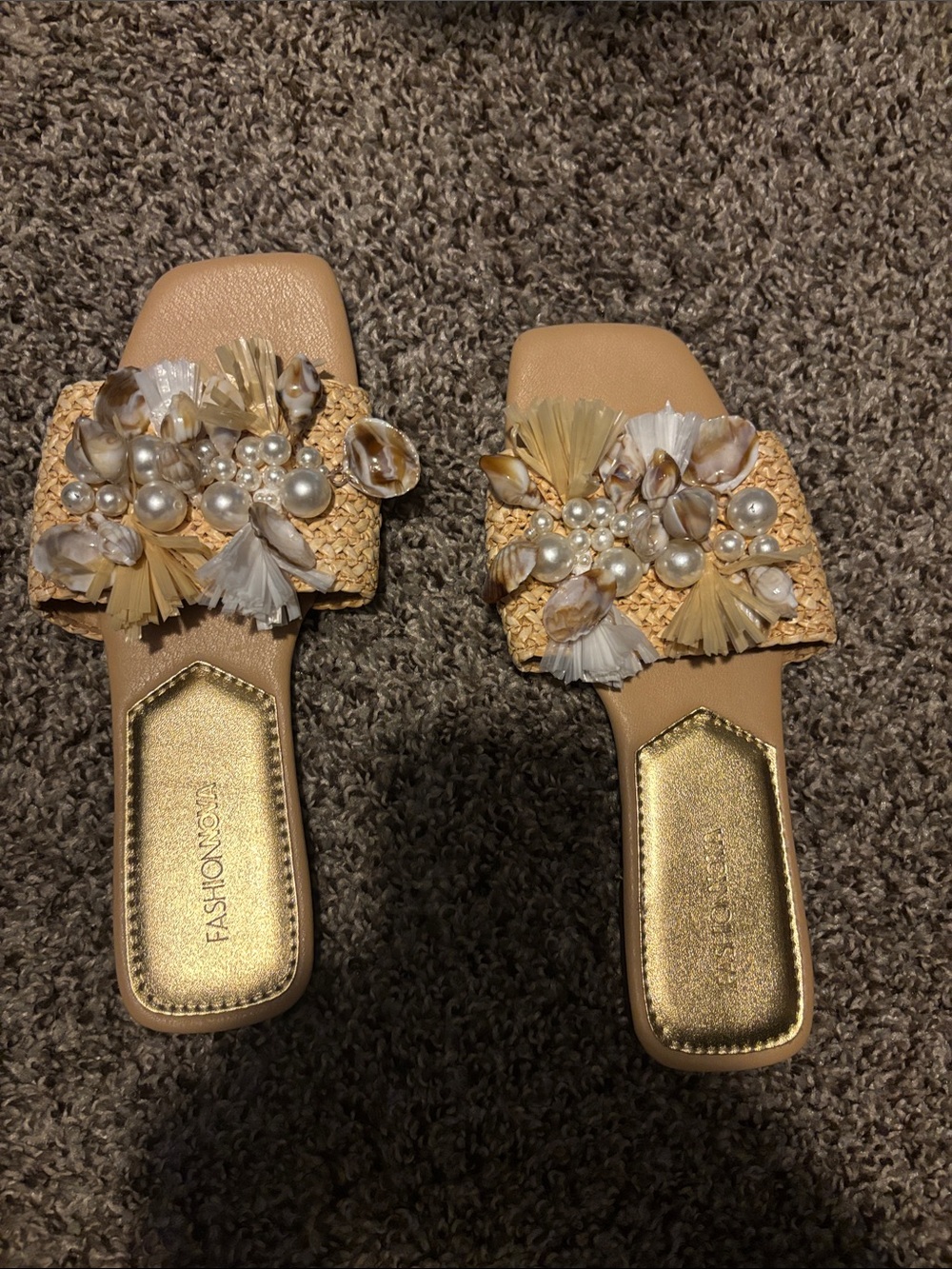 Fashion Nova Tan Raffia Slide Sandals with Pearl & Shell Embellishments